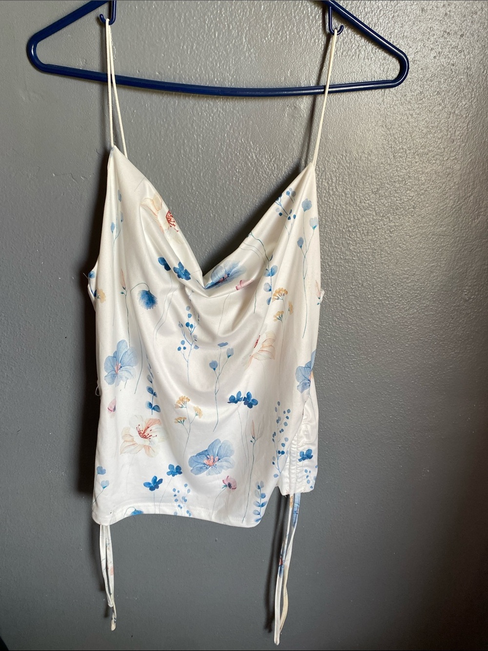 Delicate Floral Cowl Neck Cami Top - White with Blue Floral Print